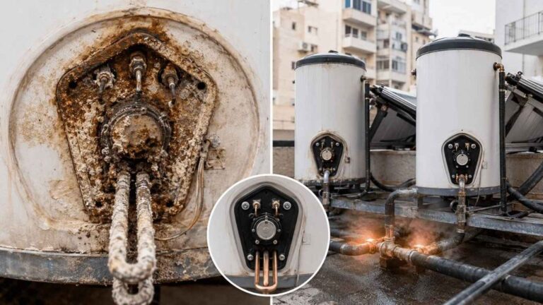 פלאנג׳ חלוד בדוד שמש על גג בניין עם סימני קורוזיה ואבנית